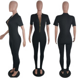 Sexy Black Short Sleeve Zipper Skinny Jumpsuits BLI-2129