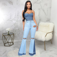 Plus Size Denim Hole Patchwork Flared Jeans HSF-2319
