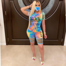 Plus Size Fashion Casual Tie-dye Letter Print Two Piece Set With Mask LUO-3098