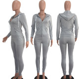 Solid Hooded Zipper Long Sleeve 2 Piece Pants Set DAI-8075