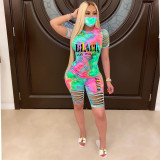 Plus Size Fashion Casual Tie-dye Letter Print Two Piece Set With Mask LUO-3098