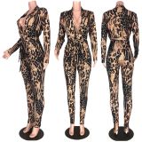 Sexy Leopard Long Sleeve Two Piece Pants Set MDF-5089