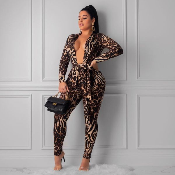 Sexy Leopard Long Sleeve Two Piece Pants Set MDF-5089