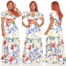 Sexy Sweet Print Short Sleeve Top And Long Skirt Two Piece Set SFY-159