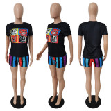 Cartoon T-shirt And Colorful Striped Shorts Two Piece Set MUL-122