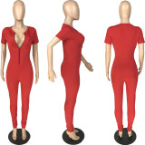 Solid Zipper Short Sleeve Sexy Skinny Jumpsuits MN-9266
