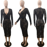 Long Sleeve V Neck Lace Sexy Party Club Midi Dress BGN-012-1