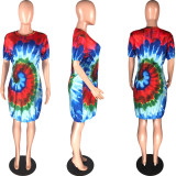 Fashion Casual Sexy Tie-dye Print Short Sleeves Loose Dress WAF-7052