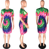 Fashion Casual Sexy Tie-dye Print Short Sleeves Loose Dress WAF-7052