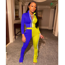 Casual Color Block Spliced Tracksuit Long Sleeve Top And Pant Two Piece Set ARM-8223