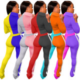 Casual Color Block Spliced Tracksuit Long Sleeve Top And Pant Two Piece Set ARM-8223