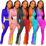 Casual Color Block Spliced Tracksuit Long Sleeve Top And Pant Two Piece Set ARM-8223
