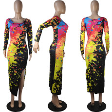 Sexy Printed Long Sleeves Split Long Dress MIL-158