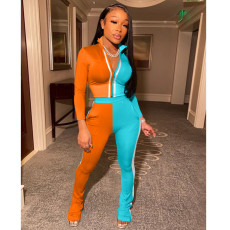 Casual Color Block Spliced Tracksuit Long Sleeve Top And Pant Two Piece Set ARM-8223