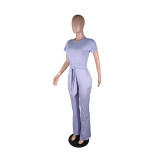 Solid Rib High Waist Short Sleeve Jumpsuits YM-9240