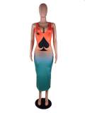 Poker Print Gradient Sleeveless Slim Long Dress SMF-8020