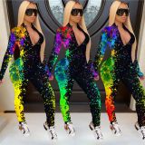 Plus Size Colorful Printed Long Sleeve Zipper Jumpsuits WAF-7068