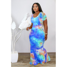 Plus Size Tie Dye Short Sleeve Backless Maxi Dress YFS-3560