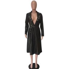 Black Leather V Neck Belted Long Coat SMD-2040