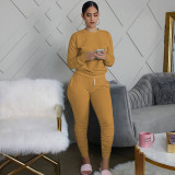 Solid Long Sleeve Ruched Pants Two Piece Sets MIL-168