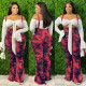 Plus Size Casual Printed Strap Long Flared Jumpsuits MX-6015