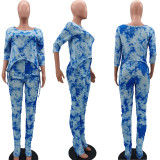 Plus Size Tie Dye Irregular Tops Stacked Pants 2 Piece Suits TK-6089