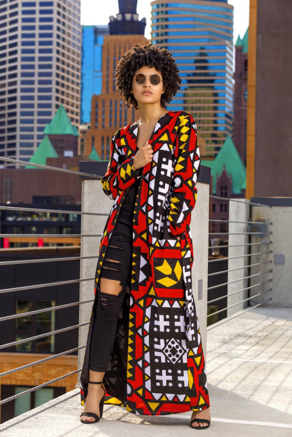 Geometric Print Full Sleeve Sashes Long Coat ML-7138