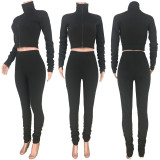 Solid Long Sleeve Zipper Slim 2 Piece Pants Set MDF-5165