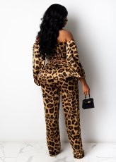 Plus Size Leopard Slash Neck 2 Piece Pants Set LX-8005