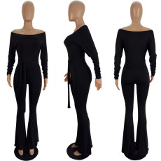 Sexy Slim Off Shoulder Long Sleeve Solid Color Jumpsuit With Belt LSL-6384