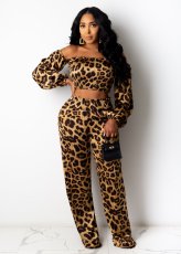 Plus Size Leopard Slash Neck 2 Piece Pants Set LX-8005