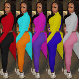 Color Block Splice Casual Sports Long Sleeve Crop Tops And Pants Two Piece Sets YIM-142