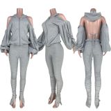 Fashion Sexy Backless Puff Sleeve Hooded Zippers Sweatshirts And Pleated Split Pants Set DAI-8288