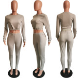 Solid Long Sleeve Tight Two Piece Pants Set HMS-5371