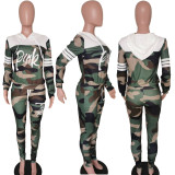 Pink Letter Print Camo Hooded Two Piece Sets TK-6062
