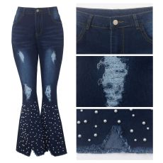 Denim Pearls Beading Ripped Hole Flared Jeans HSF-2228