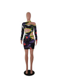 Sexy Printed Hollow Out Long Sleeve Club Dress SMF-8041