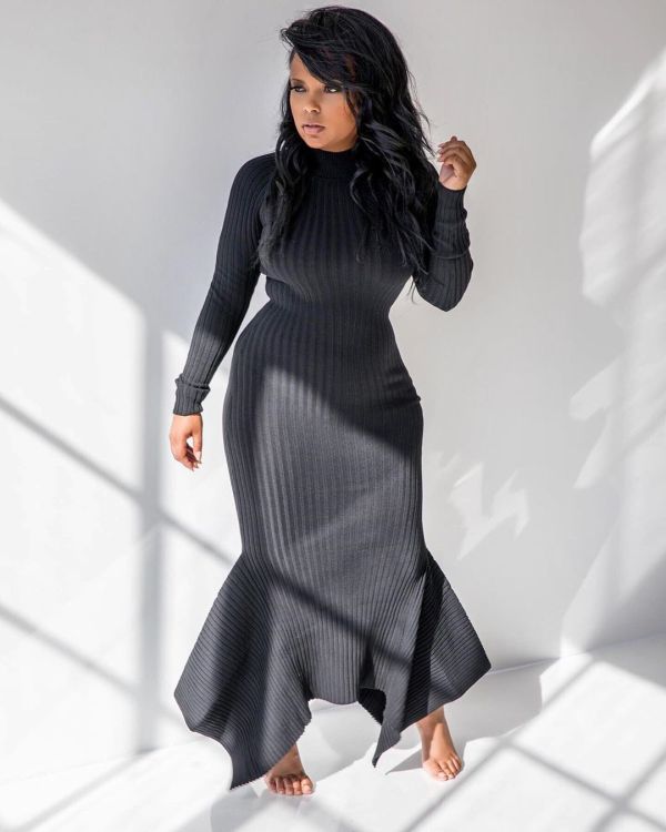 Solid Color Rib Sexy Long Sleeve Maxi Dress MIL-067-1