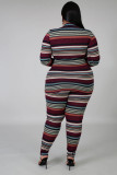 Plus Size 5XL Striped Print Long Sleeve Top And Pants Home Sports Casual Set BMF-028