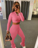 Sexy Solid Color Long Sleeve Top And Stacked Pants Sports Set FNN-8531