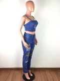 Sexy Denim Embroidery Tops Jeans Two Piece Sets LA-3217