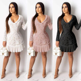 Sexy Backless Long Sleeve Lace Mini Dress OY-6223