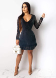 Sexy Backless Long Sleeve Lace Mini Dress OY-6223