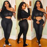 Sexy One Shoulder Long Sleeve Crop Top And Pants Two Piece Set XYF-9039