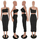 Sexy One Shoulder Sling Top And Ruched Skirts Two Piece Set XYF-9019