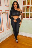 Sexy One Shoulder Long Sleeve Crop Top And Pants Two Piece Set XYF-9039