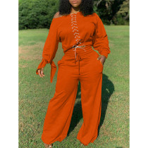 Plus Size Lace Up Tops Wide Leg Pants 2 Piece Sets TK-6123