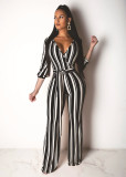 Sexy Striped V Neck Wide Leg Sashes Jumpsuits SMR-9722