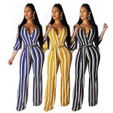 Sexy Striped V Neck Wide Leg Sashes Jumpsuits SMR-9722