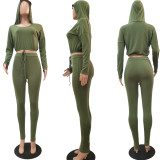 Casual Fashion V-neck Hooded Solid Color Sports Two Piece Set NYF-8016